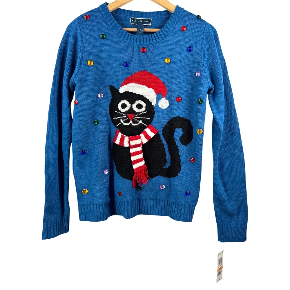 Karen Scott Christmas Cat Sweater sz S Blue Gemstone embroidered Novelty